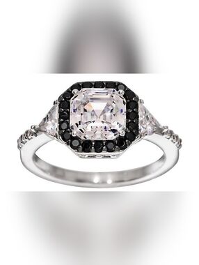 Diamonique Silver-Tone Clear Center with Black Halo Ring